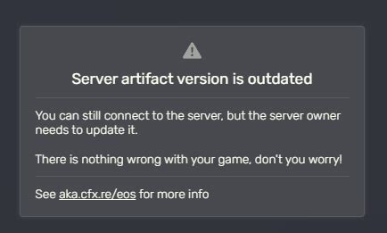 Server artifact version is outdated. Client Support. I NEED THE FIX FOR platform version which has reached end-of-life. Archived post. New comments cannot be posted and votes cannot be cast. Sort by: JereTR. • 2 yr. ago. server is out of date, aka "end-of-life". You probably will need to update the files, as they updated their TOS to require servers to keep up with updates they ... 