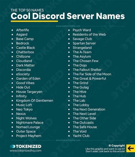 Server names. Here are some tips to help you choose an ideal Discord server name: 1. Reflect the Theme or Purpose. Ensure that the server name reflects the theme, purpose, or main topic of your Discord community. A clear and relevant name helps potential members understand what the server is about. 2. 