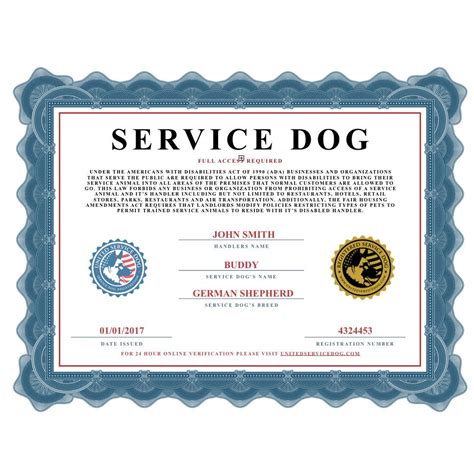 Service Dog Certificate Template Printable