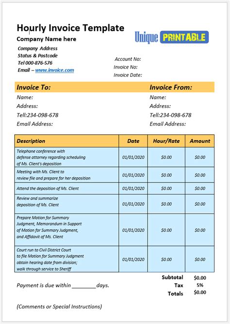 Service Invoice With Hours And Rate