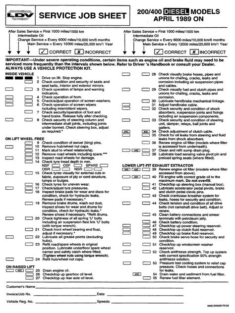 Service Job Sheet 200 400 Diesel Models April 1989 Onwards PDF