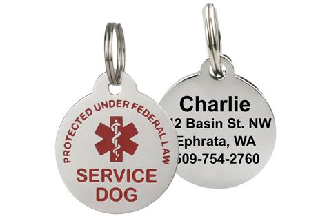 Service dog tags. GoTags Anodized Aluminum Personalized Dog ID Tag, Round, Black, Small. 226. $7.95. FREE delivery on first-time orders over $35. Shop Chewy for the best Dog ID Tags & Accessories! Whether playful pups wriggle out of their collar, or dig a hole under the fencing, pets go missing every day. If it happens to you, help your pet make her way back to ... 