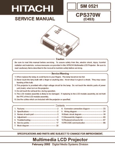 Service manual hitachi cp s370w multimedia lcd projector. - Manuale della pompa per piscina whisperflo.