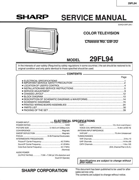 Service manual sharp 29fl94 color tv. - Download gratuito manuale di manutenzione ascensore.