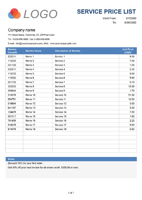 Services Price List Templates for MS Excel Excel Templates
