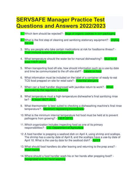 Servsafe Practice Test Answers Quiz