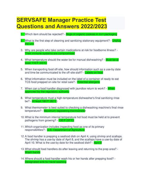 Servsafe manager practice test answer key. Just like the real ServSafe Manager exam, these ServSafe practice tests are multiple-choice with four possible answers. You need to score at least 75% in order to pass the real exam. Since these practice tests have 20 questions, you'll need to answer at least 15 of them correctly to achieve a passing score. 