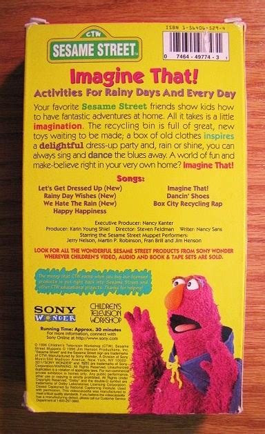 Sesame street imagine that 1996 vhs. Sesame Street: Imagine That!: Directed by Steven Feldman, Jon Stone. With Caroll Spinney, Fran Brill, Martin P. Robinson, Kevin Clash. Your favorite Sesame Street friends show kids how to have fantastic adventures at home. 