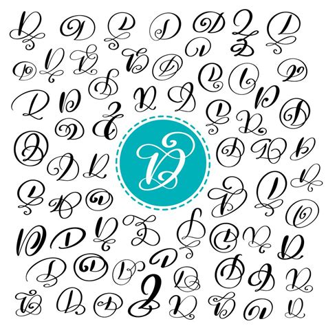 Set Of Hand Drawn Vector Calligraphy Letter D. Script Font. Isolated