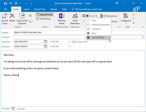 Set Out Of Office In Outlook Calendar