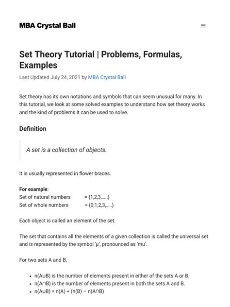 Set Theory Tutorial Problems Formulas Examples Mba Crystal Ball