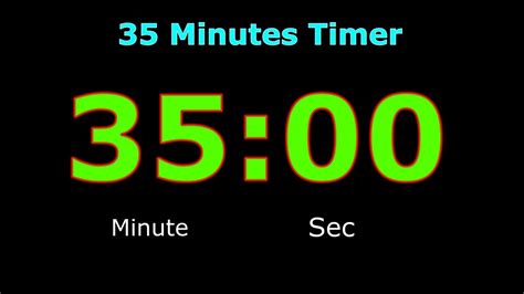 Set a timer for 35 minutes from now. : 00 Reset 35 minute timer to set alarm for 35 minutes from now. The online countdown timer alarms you with a sound in thirty-five minutes. To run stopwatch press "Start" button. You can pause and resume the timer anytime you want by clicking the timer controls. 35 minutes timer will count for 2100 seconds. OTHER MINUTE TIMERS 1 MINUTE 6 MINUTES 