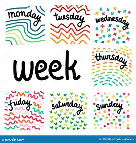 Set of Days in a Week Hand Drawn Illustrations Stock Vector