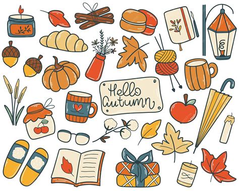 Set of Hand Drawn Doodle Elements about Autumn. Cozy Fall Collection of