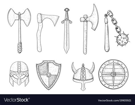 Set of medieval weapons and armor hand drawn Vector Image
