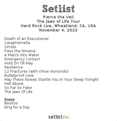 Setlist fm pierce the veil. Use this setlist for your event review and get all updates automatically! Get the Pierce the Veil Setlist of the concert at Merriweather Post Pavilion, Columbia, MD, USA on July 20, 2010 from the Vans Warped Tour 2010 Tour and other Pierce the Veil Setlists for free on setlist.fm! 