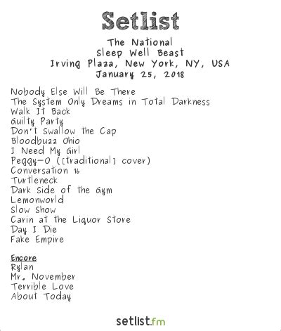 Setlist the national. Get the Blackberry Smoke Setlist of the concert at The National, Richmond, VA, USA on June 28, 2023 from the Blackberry Smoke: Live in Concert Tour and other Blackberry Smoke Setlists for free on setlist.fm! 