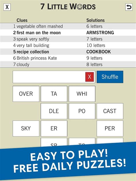 7 Little Words Answers Updated Cheat, Solution with Updated total all levels for iPhone, Android. 7 Little Words Cheat, Answers for All Levels on iPhone, iPad, Kindle Fire, Android, Windows Phone and other devices.. 