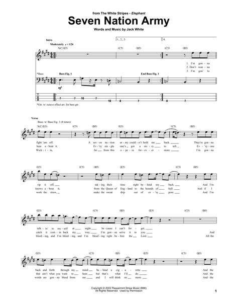 Seven nation army bass tab. Feb 6, 2024 · Learn how to play the bass part of Seven Nation Army, a rock song by The White Stripes, with this online tab player. See the notes, rhythm, difficulty level and original audio sync. 