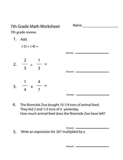 Seventh Grade Math Worksheets Learning Printable
