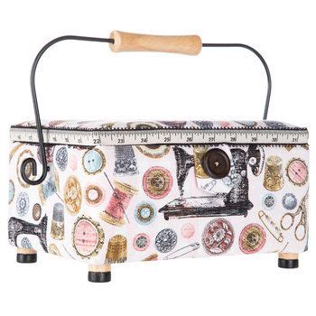 Keep your supplies organized with Sewing Basket! This piece is made of plastic with a fabric-covered foam exterior. Inside, there is a pin cushion, pockets, and a clear plastic compartmented tray for organization. Remove the tray to reveal tons of storage space. Complete with a handle and a magnetic button closure for convenience, have this ... . 