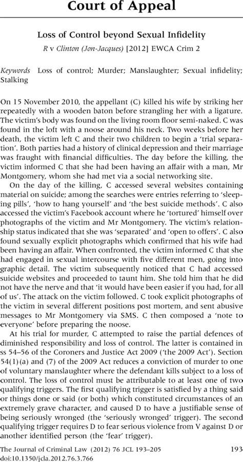 Sexual Infidelity And Loss Of Control: R V Clinton (Jon ... - Mondaq