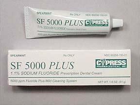 SF 5000 PLUS. 1.1% SODIUM FLUORIDE Prescription Dental Cream. 5000 ppm Fluoride Plus Mild Cleaning System. CYPRESS PHARMACEUTICAL, INC. NET WT. 1.8 OZ. (51 g)