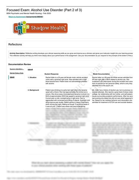 Focused Exam: Alcohol Abuse (Part 3 of 3) C487 Psych/Mental Health Clinical - Aug 2018, C487 Return to Ass ignment Reflections Documentation Review Nursing Admitting Note Mental Status Note SBAR Student Response Model Documentation Chief Complaint right wirst pain following a car accident Ms. Adler has a sprained (R) wrist due to an MVA caused by impaired driving.