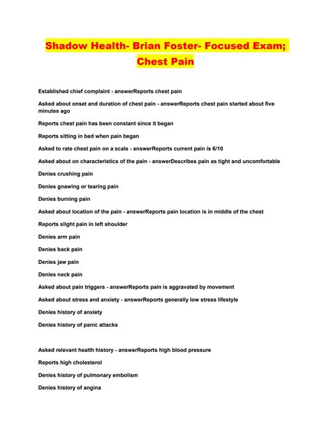  View Chest pain.pdf from NURS 3212 at Richland Community College. 3/25/2020 Focused Exam: Chest Pain | Completed | Shadow Health Focused Exam: Chest Pain Results | Turned In Family Health Assessment 