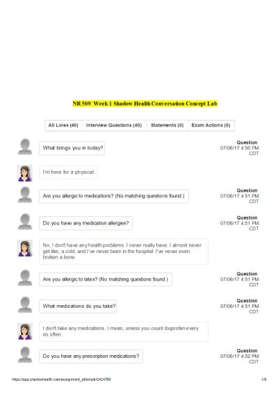 View ShadowHealth Conversation Concept Lab Rachel Adler with complete solution.pdf from NURSING 706 at Chamberlain University College of Nursing. ShadowHealth Conversation Concept Lab Rachel ... Shadow health:conversation concept lab. Q&A. I need help with interview guide for shadow health alcohol use disorder Adler Rachel. Q&A.. 