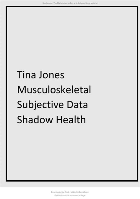 Case - Shadow health tina jones musculoskeletal objective data 22. Case - Tina jones subjective heent &vert; completed &vert; shadow health 2 23. Case - Tina jones heent shadow health complete Show more . SHADOW HEALTH TINA JONES COMPLETE CASES~SHADOW HEALTH. $ 293.01 $ 18.49 23 items . 1. Case - Nr 509 shadow …