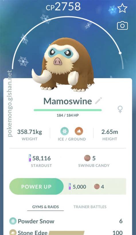 Shadow mamoswine best moveset pokemon go. Level 40 shadow dps for all useful attackers is better than their non-shadow level 50 counterparts. As the years roll by that shadow mamoswine will be one of your top ground and especially ice type attackers for a long time. Shadows deal & take 20% more damage. In contrast, a 100% deals ~5% more dmg than a 0%, so a 0% shadow has more DPS than a ... 