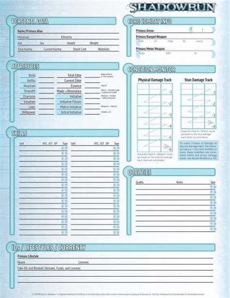 Shadowrun 4th edition cheat sheet.  2.  Shadowrun 3rd Edition, 409 page character sheet set.  4....
