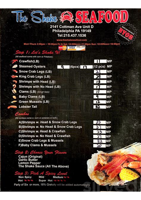 Shake seafood. The Shake Seafood Menu and Delivery in Philadelphia. Too far to deliver. Sunday. 1:00 PM - 9:30 PM. Monday - Thursday. 1:00 PM - 9:00 PM. 