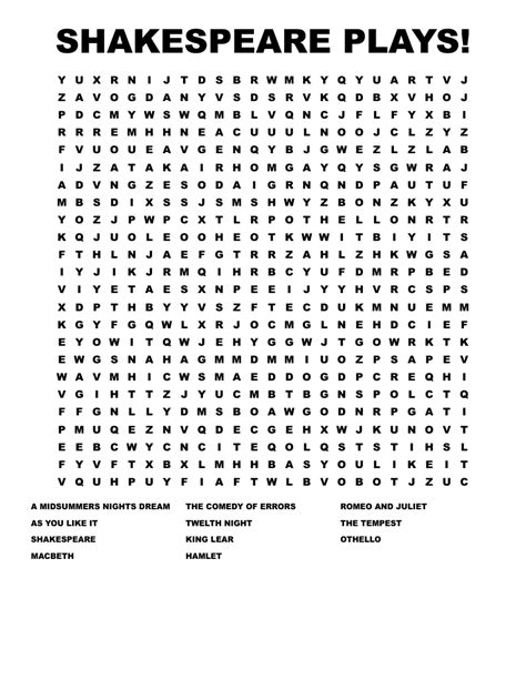Shakespeare plays Word Search WordMint