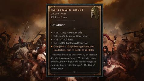 Jun 8, 2023 · Harlequin Crest (Shako) is an Ancestral Unique item with the following stats: +1,141-2,119 Maximum Life. 6.5-14.6% Cooldown Reduction. 7.5-18.5% Resource Generation. +42 All Stats. Gain 10-20% Damage Reduction. …. 