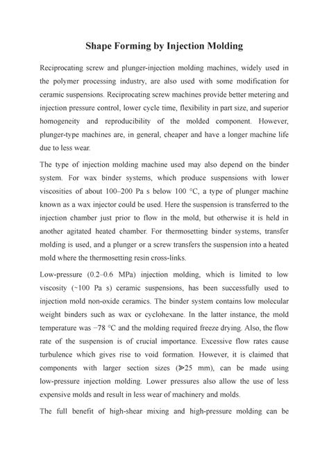 Shape Forming by Injection Molding - Studocu