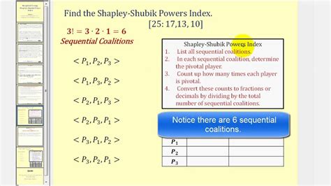 The Shapley–. Shubik power index of a voter is the fraction of the permutations in which that voter is pivotal. Teaching Tip. You may choose to point out the .... 