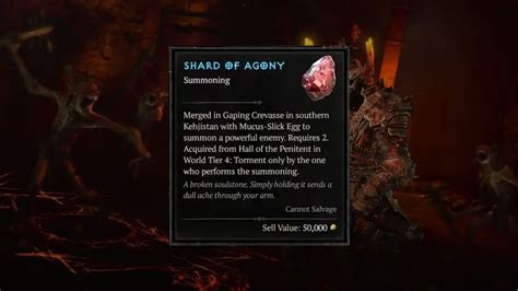Shard of agony diablo 4. Avarice’s Gilded Horn. Defeat Avarice the Gold-Cursed world boss. Binding the Fell Steed. Defeat The Beast in Ice Uber boss. Bone-Caged Heart. Defeat the Wandering Death world boss. Buther’s ... 