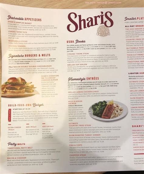 Sharis menu. 223 ather oldings S 123 6 Milk Eggs Fish Peanuts Shellfish Soy Tree Nuts Wheat SMALLER PLATES & LIGHTER FARE Below items do not include sides or dinner roll, see Sides All Day Breakfast Two-Egg Denver Omelette 