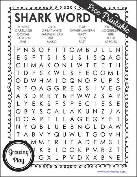 Shark Word Search PDF Free Printable - Growing Play