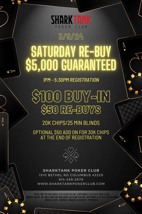 Shark tank poker club. Reminder that we are spreading 2/5 No Limit starting at noon tomorrow (FRIDAY!) Come into the club to reserve your seat or call 614-459-2678. 