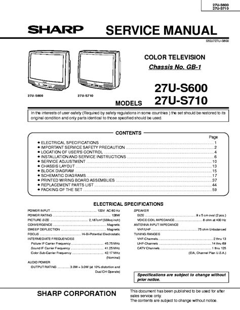 Sharp 27u s600 27u s710 tv service manual. - Manual for john deere lt133 bagger.