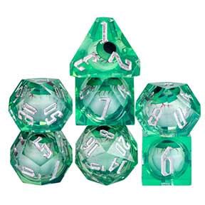 Sharp Edge Floating Green Eyeball filled w silver font 7 Dice Set w ...