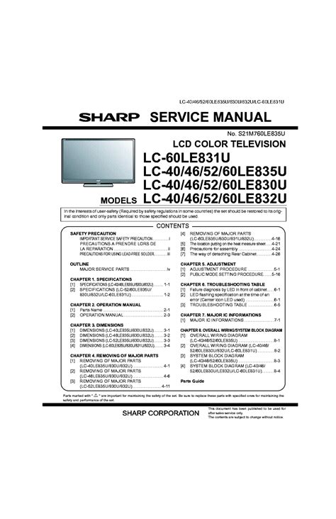Sharp lc 60le831u lc 40 46 52 60le832u tv service manual. - Utopia medical clinic policy and procedures manual.