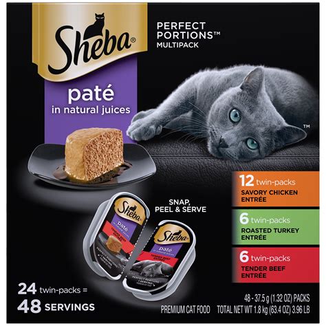 Sheba cat food. Sheba cat food pouches: These delicious Sheba wet cat food pouches contain wholesome cat food in a range of delicious flavours, offering tender meaty chunks in mouth-watering sauce. Choose from steamed, fresh pouches as well as delicious soups, all of which are rich in nutrients and contain everything your cat needs for a healthy, happy life. 