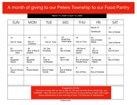 Sheboygan Food Pantry Calendar