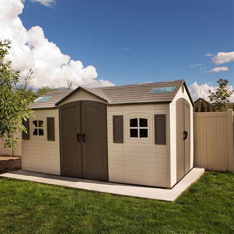 The Suncast shed gives you extra space with protection from the elements in a convenient vertical design. Place in on your deck, patio, alongside your home, or nestled up against the backyard fence. It's ideal for storing garden supplies, pool equipment, patio cushions and accessories, sporting gear, shovels, rakes, and more.. 