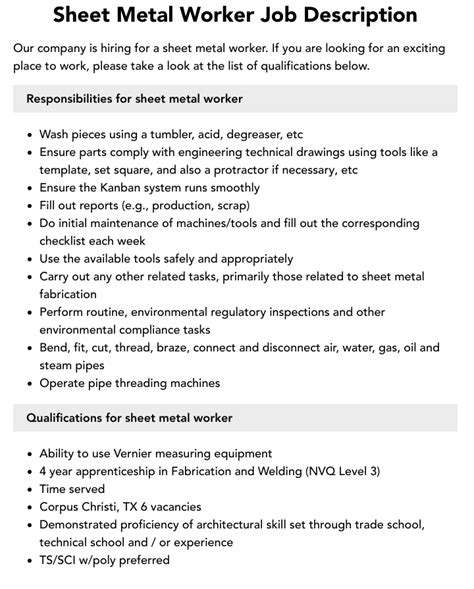 Sheet Metal Worker in Canada Job description - Job Bank