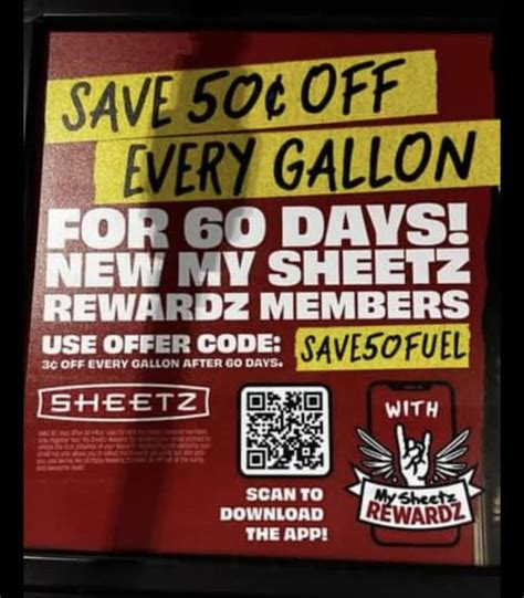 Sheetz 50 cents off. Receive Up To $0.5 Off Per Gallon Gas for 60 Days. Expires: Apr 20, 2024. 16 used. Get Code. FUEL. See Details. Buy now! you can get Receive Up To $0.5 Off Per Gallon Gas For 60 Days from Sheetz. If you want to buy something with Receive Up To $0.5 Off Per Gallon Gas For 60 Days, go to sheetz.com. Saving is so close if you use it. 